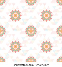 Seamless vector background. Round abstract pattern. Multicolored triangles and grid on backdrop. 