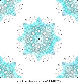 Seamless vector background with round ornament of hearts and blue watercolor on backdrop.