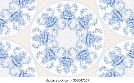 Seamless vector background with round pattern of a bouquet french roses. 