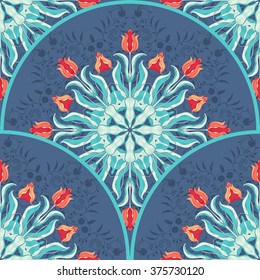 Seamless vector background. Round pattern with tulip flower. Decor with leaves and curls.