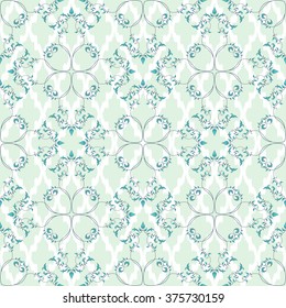 Seamless vector background. Round pattern with curls and leaves and Moroccan tiles pattern on backdrop.
