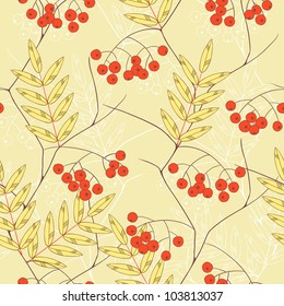 Seamless vector background with rowanberry and leaves.