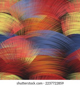 Seamless vector background with rows of arc grunge striped intersecting elements in red, blue, yellow colors on black backdrop 