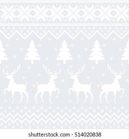 Seamless vector background. Scandinavian design. Ornament with deer, Christmas trees and traditional motifs. Christmas collection.