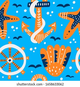 Seamless vector background with sea elements. Sea ​​background. Design can be used for paper, wallpaper, textile, fabric. Hand-drawn cartoon illustration. 