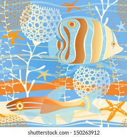 seamless vector background with sea fish, algae and starfishes.