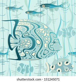 seamless vector background with sea fishes and algae.