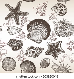 Seamless vector background with sea shells in engraved style