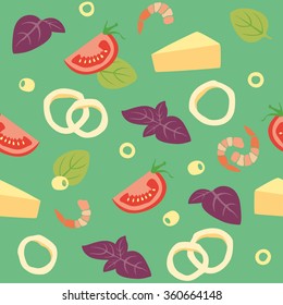 Seamless vector background with Seafood, cheese, basil, olives 