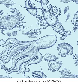 Seamless vector background. Seafood crabs, lobsters, octopus, shrimp, oysters, mussels. Template design for a cafe, restaurant, store, markets. Hand drawing illustration.