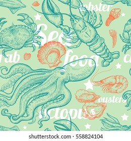 Seamless vector background. Seafood crabs, lobsters, octopus, shrimp, oysters, mussels and inscriptions Seafood. Illustration for paper, packaging, design menu of restaurants, cafe and sea food shop.
