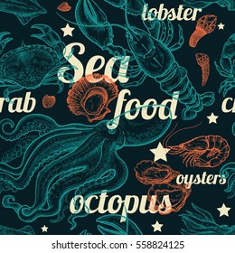 Seamless vector background. Seafood crabs, lobsters, octopus, shrimp, oysters, mussels and inscriptions Seafood. Illustration for paper, packaging, design menu of restaurants, cafe and sea food shop.