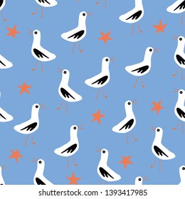 Seamless vector background with seagulls and starfish on the beach blue