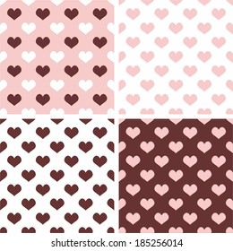 Seamless vector background set with hearts. Full of love pattern for valentines desktop wallpaper or website design in white, brown and pastel baby pink color