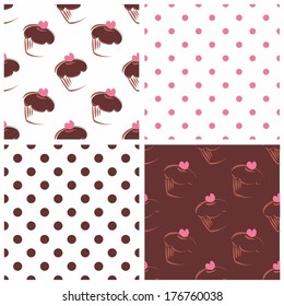 Seamless vector background set with polka dots and heart chocolate cupcakes. White, pink and brown sweet pattern collection for cute desktop wallpaper or website design