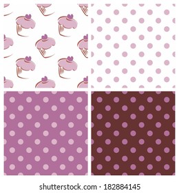 Seamless vector background set with polka dots and heart chocolate cupcakes. White, violet pink and brown sweet pattern collection for cute desktop wallpaper or website design