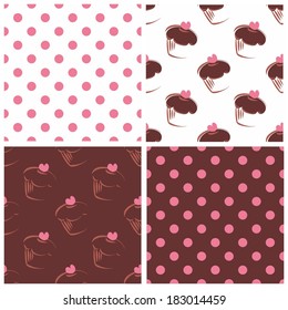 Seamless vector background set with polka dots and heart chocolate cupcakes. White, pink and brown sweet pattern collection for cute desktop wallpaper or website design
