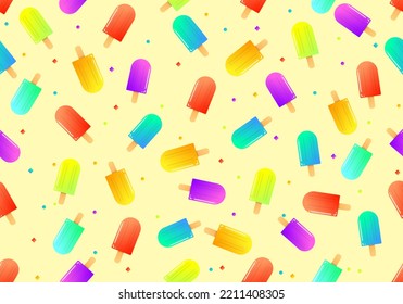Seamless vector background set popsicle sticks of many flavors, many colors, to be filled with fruit-flavored sticks on a stick. Sweet and succulent taste to cool off on a hot day.