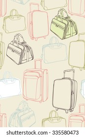 Seamless vector background with shopping bags, handbags, plastic bag, travel bag, suitcase, paper bag. Vector illustration. Seamless pattern can be used for textile, web design, surface textures.
