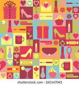 Seamless vector background with shopping icons in style flat. Fashion and women accessories background