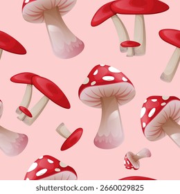 A seamless vector background showing large fly agarics with and without light spots on red caps, placed on tall stems and positioned at various angles.