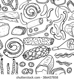 Seamless vector background with sketch meat products. 
