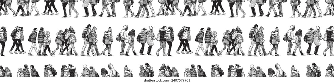 Seamless vector background of sketches group teenage schoolchildren with backpacks walking in crowd together on excursion