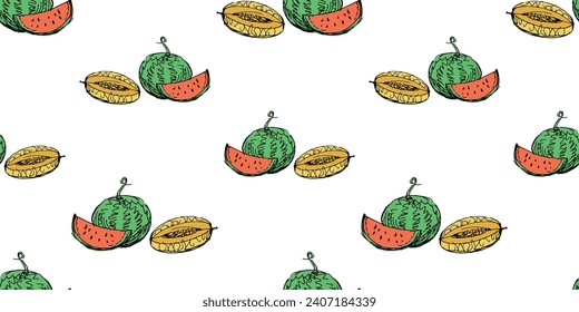 Seamless vector background of sketches ripe red watermelon and yellow melon
