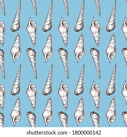 Seamless vector background of sketches various spiral seashells