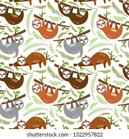 Seamless Vector Background with Sloths, Tree Branches and Leaves