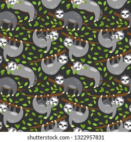 Seamless Vector Background with Sloths, Tree Branches and Leaves