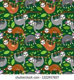 Seamless Vector Background with Sloths, Tree Branches and Leaves