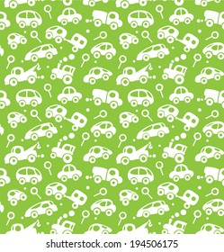 Seamless vector background of small funny vector cars and signs for packaging paper, diaper or wallpaper in children room.