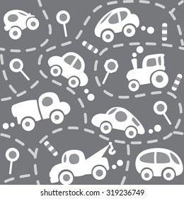 Seamless vector background of small funny vector cars and signs with dashed lines like road, for packin paper, diaper or wallpaper in children room.