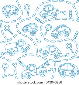 Seamless vector background of small funny vector cars and signs with dashed lines like road, for packin paper, diaper or wallpaper in children room.