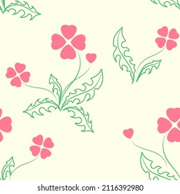 Seamless vector background of small pink hearts and green contours of dandelion leaves. Vector design for valentine's day material design - cards, posters, covers, invitations, etc.