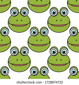 Seamless vector background of smiling frog on white background. Vector illustration of smiling frog face.