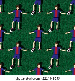 Seamless vector background with soccer players with football ball on green grass backdrop. Print for wallpaper children room.