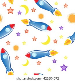 seamless vector background. Space and missiles. Wallpaper and textiles.For children. Background for design.