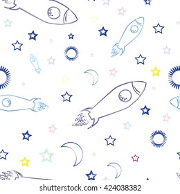 seamless vector background. Space and missiles. Wallpaper and textiles.For children. Background for design.