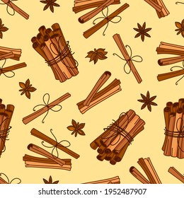 Seamless vector background with spices for coffee and cinnamon baking. Cartoon illustration
