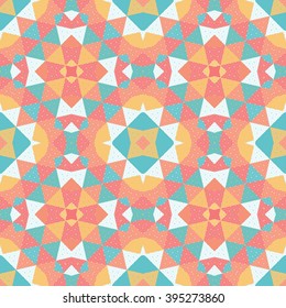 Seamless vector background with square ornament of multicolored triangles and grid.
