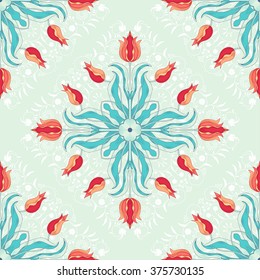 Seamless vector background. Square tulip flower ornament and floral pattern with curls.
