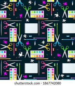 Seamless vector background with stationery for children's creativity. Pattern with paints, scissors, notebook, paper clips, buttons, sharpener, eraser, brushes, paper, pencils. School supplies
