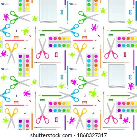 Seamless vector background with stationery for children's creativity. Pattern with paints, scissors, notebook, paper clips, buttons, sharpener, eraser, brushes, paper, pencils. School supplies