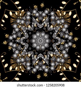 Seamless vector background. Stylish graphic pattern. Floral pattern. Wallpaper baroque, damask. Golden elements on black colors.