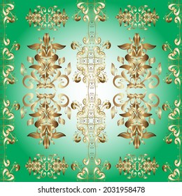 Seamless vector background. Stylish graphic pattern. Floral pattern. Wallpaper baroque, damask. Golden elements on green, beige and neutral colors.