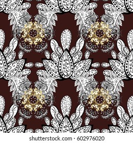 Seamless vector background. Stylish graphic pattern. Floral pattern. Golden elements on brown background. Wallpaper baroque, damask.