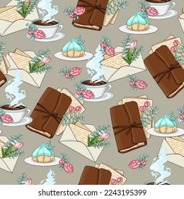 Seamless vector background with stylized elements, a cup of coffee, a notebook, a cake, an envelope with a letter. Perfect for printing on fabric, wallpaper, wrapping paper, packaging, postcards.