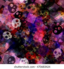 Seamless vector background of stylized skulls and squares. Overlapping, transparent, overlay, randomly mixed. Decorative pattern for Halloween, fabrics, printing, book covers.